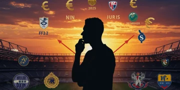 Star player silhouette contemplating a high-value soccer transfer in 2025, symbolizing rumors and potential $100 million deals.