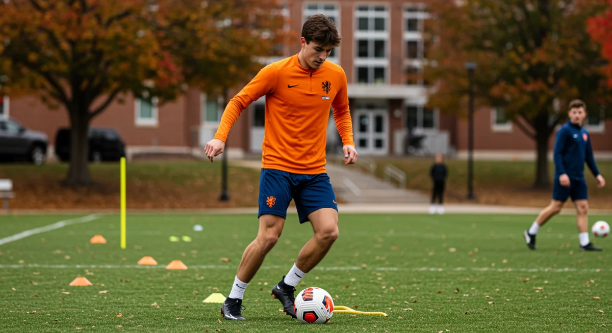 Young soccer player training with college campus in background.