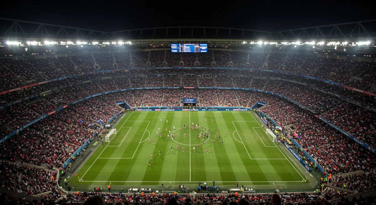 Aerial view of a packed stadium during a Champions League night match