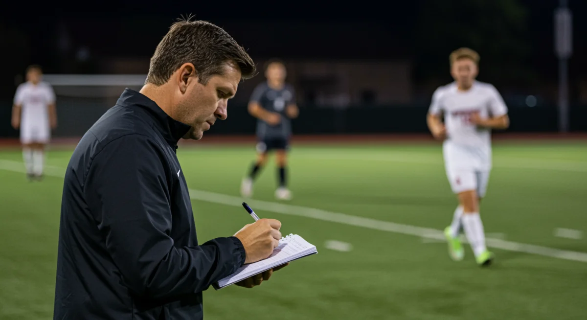 College coach evaluating a soccer prospect at a showcase tournament.
