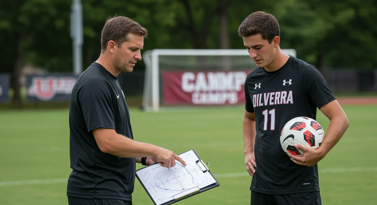 College coach discussing tactics with a prospective soccer player at a camp
