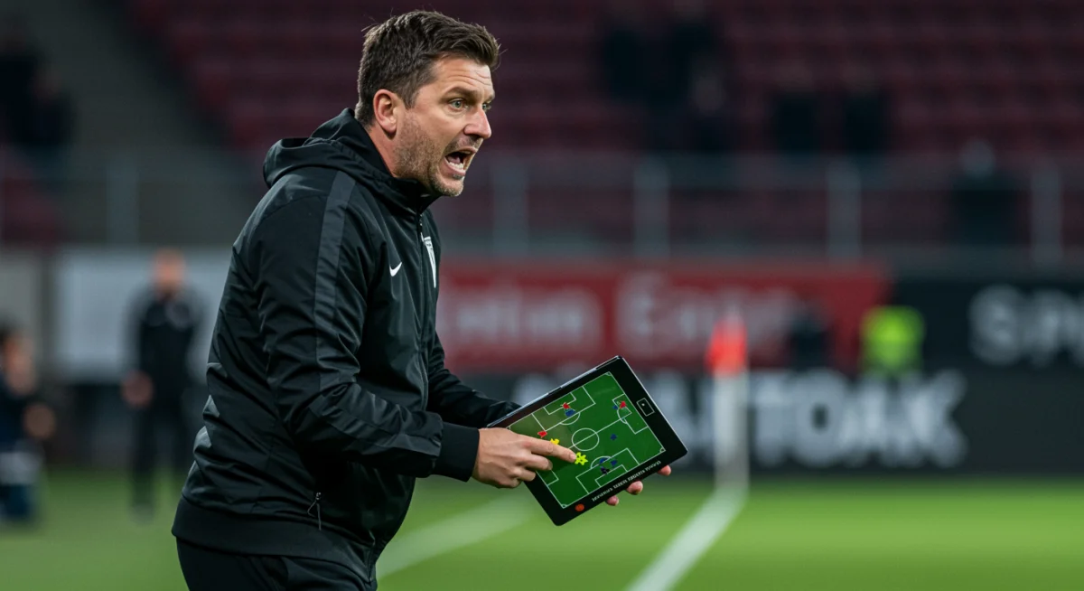 Soccer coach analyzing game with tactical board during friendly