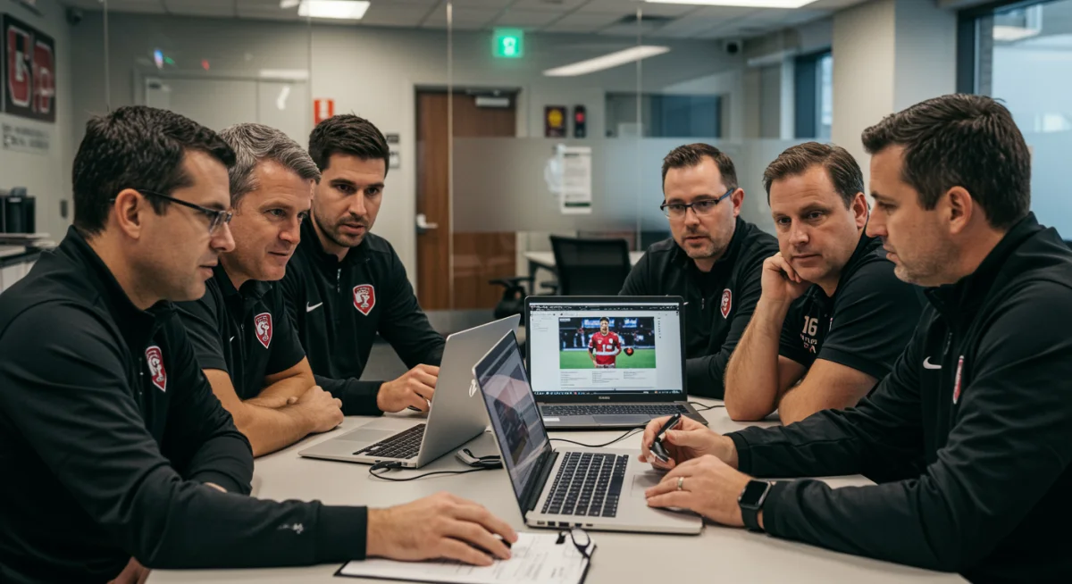 College soccer coaches evaluating transfer portal profiles