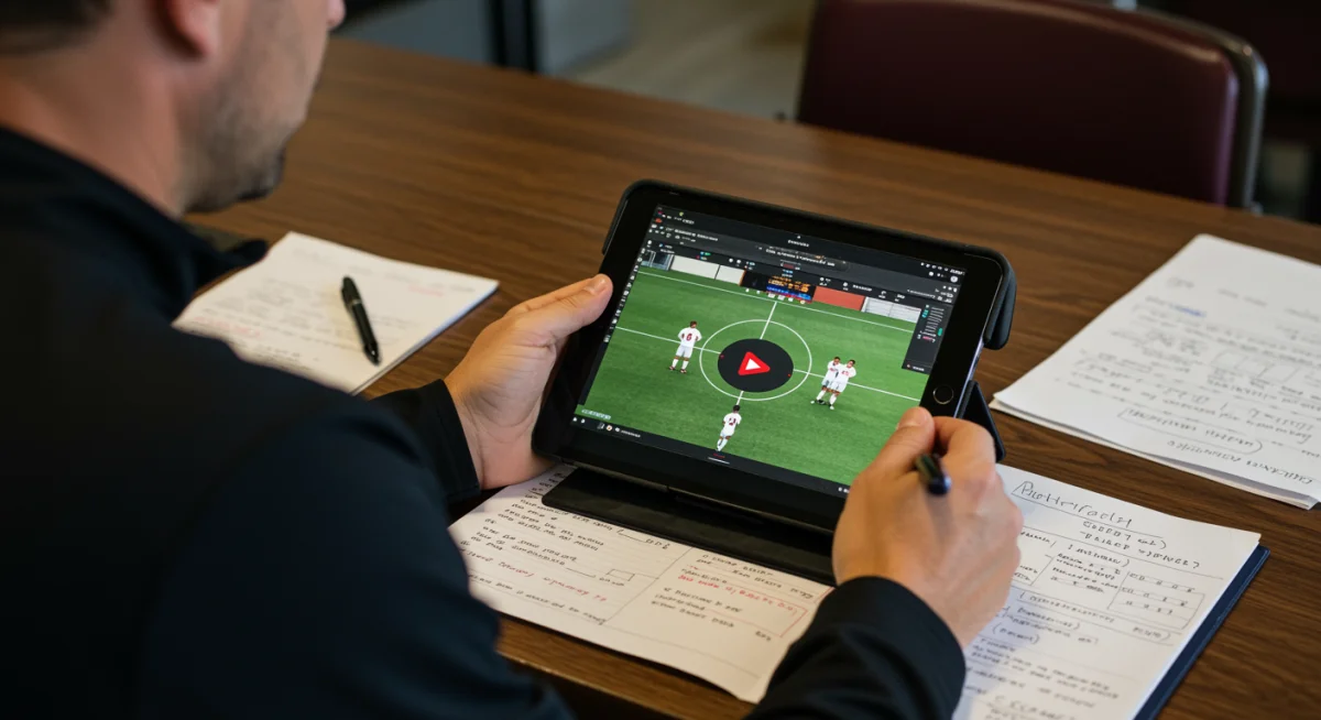 College soccer coach evaluating high school player's game footage