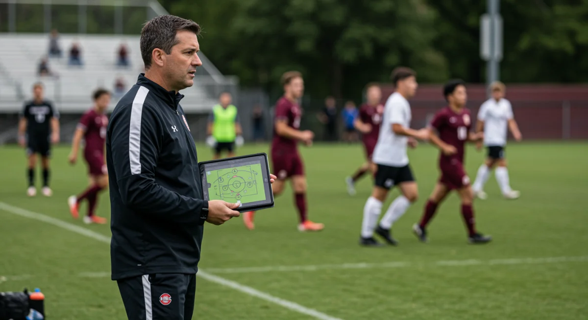 College soccer coach analyzing game strategy on a tablet during a match.