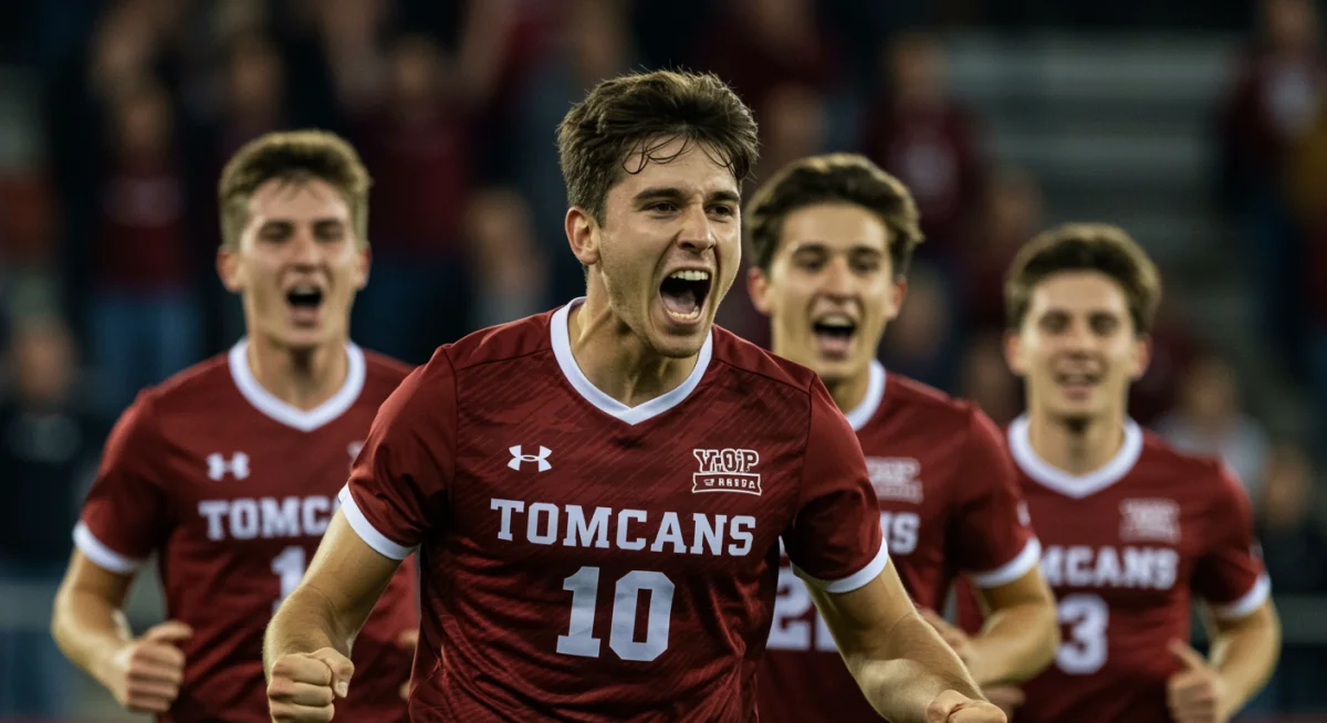 College soccer player celebrating a goal with teammates, showcasing sportsmanship.