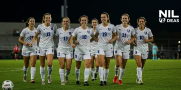 College soccer players celebrating a goal with NIL branding overlay