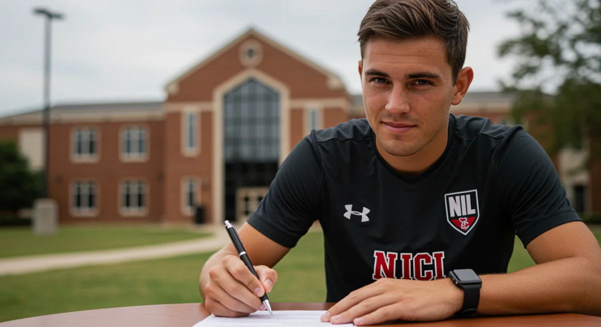 College soccer athlete signing a Name, Image, Likeness contract
