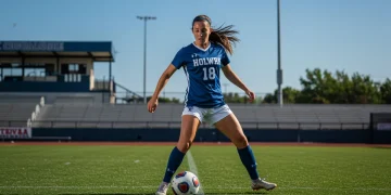 Female college soccer player dribbling ball on field, stadium backdrop