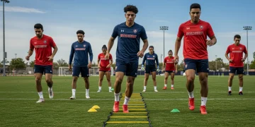 College soccer players performing pre-season training drills on a field.