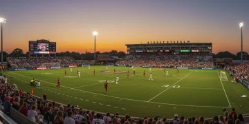 College soccer stadium at sunset with players competing
