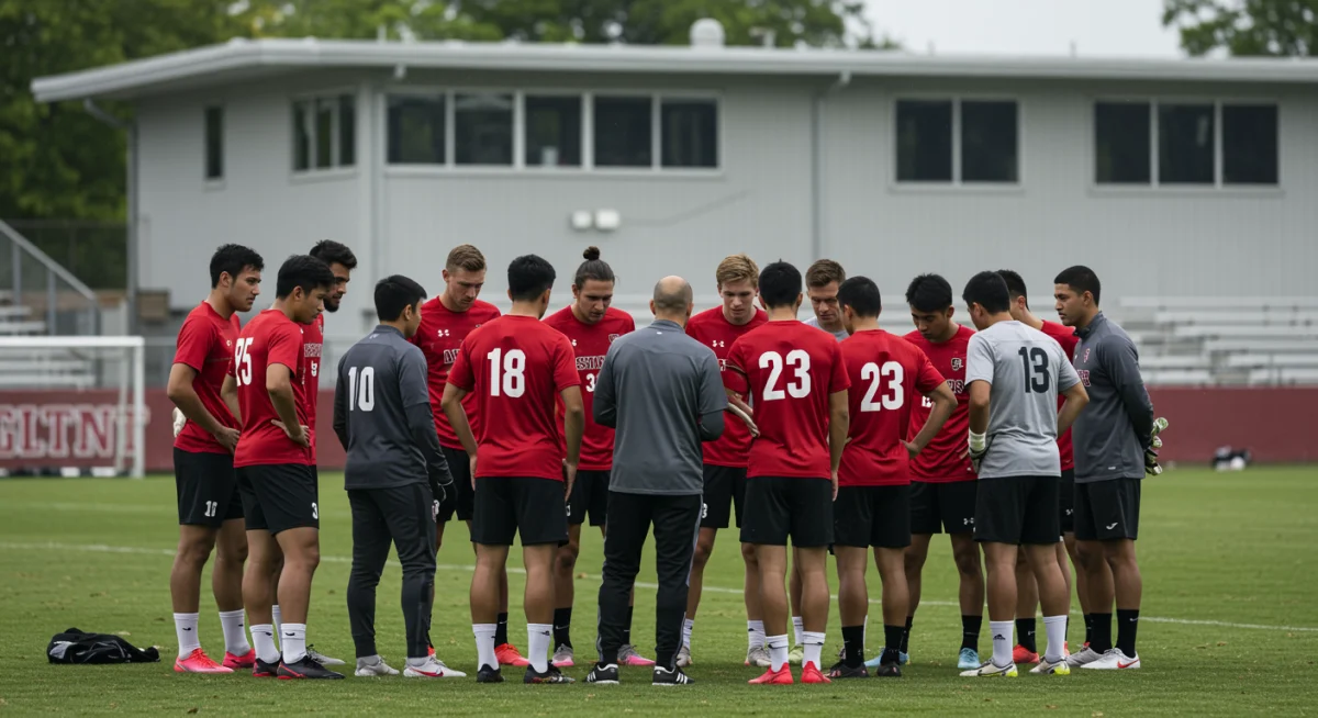 College soccer team huddling with coach during practice