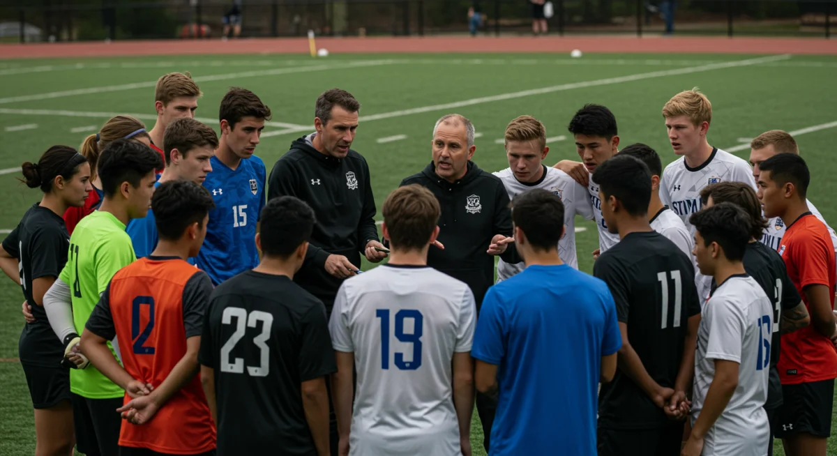 College soccer team huddle during a strategic discussion