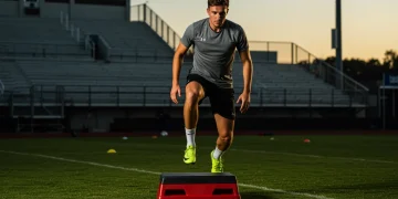 College soccer player performing dynamic exercise in training
