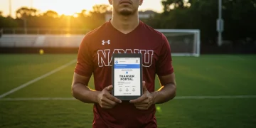 College soccer player reviewing transfer portal strategy on tablet