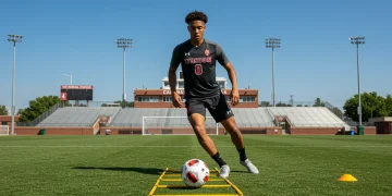 Young male athlete training intensely for college soccer tryouts, focused on ball control.