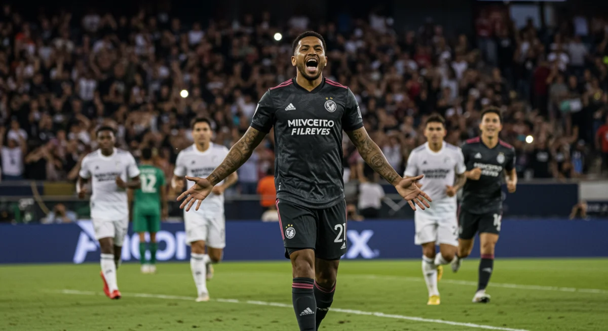 Soccer player celebrating a decisive goal in an MLS playoff match, expressing pure joy and relief.