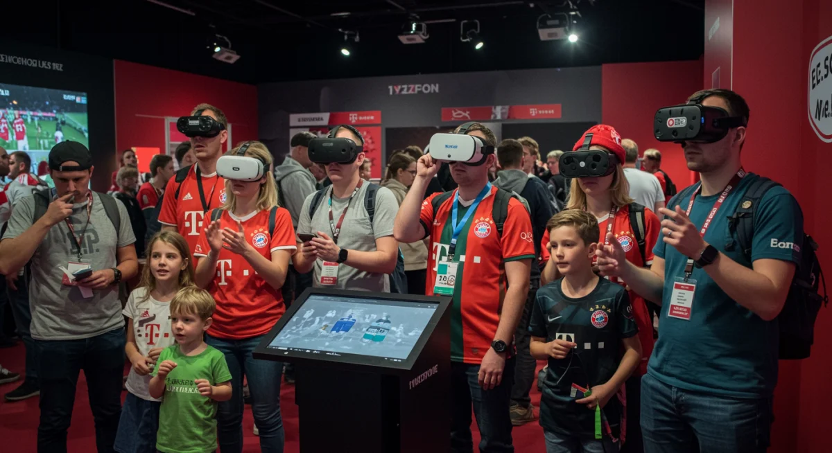 Diverse fans engaging with interactive digital experiences at a Bundesliga fan zone.