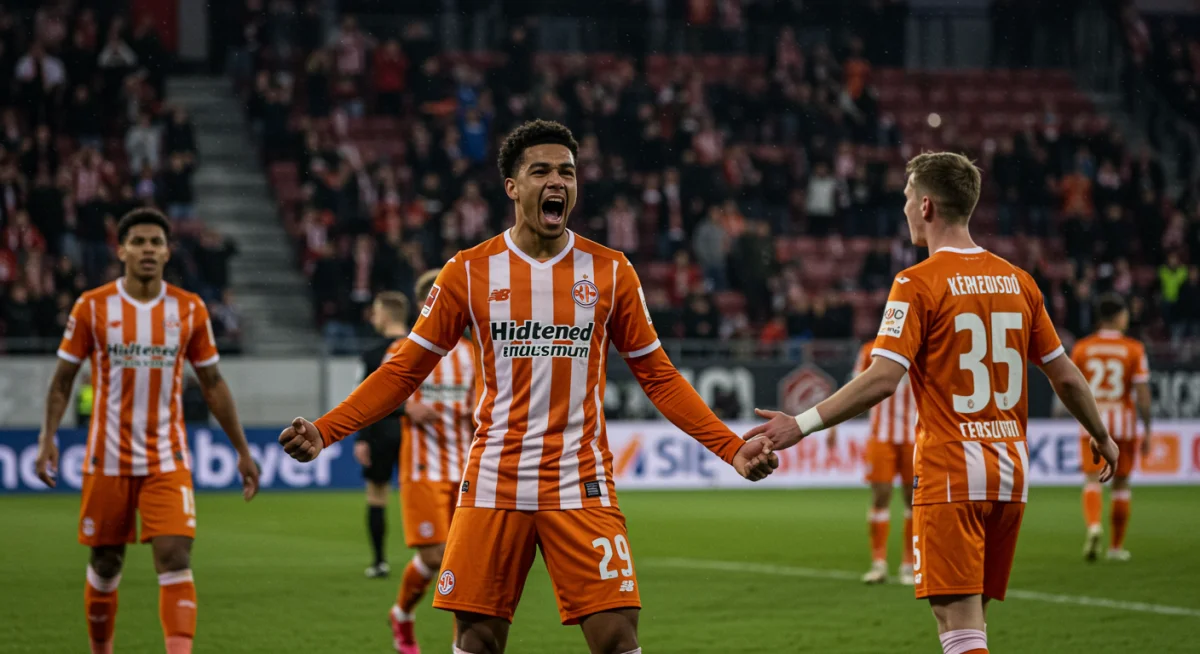 Eredivisie forward celebrating a goal with teammates