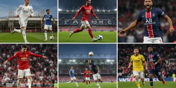 Dynamic visual representation of the 2025 European football transfer window with iconic stadiums and player silhouettes.