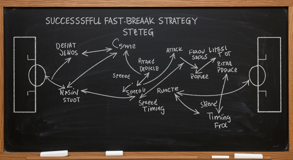 Football tactical board illustrating a fast-break offensive strategy with player movements and passing routes.