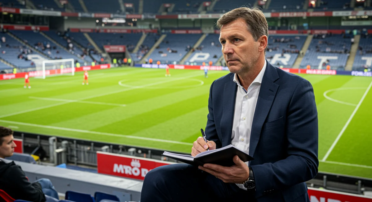 Football scout observing a match, evaluating potential future prospects of an emerging player.