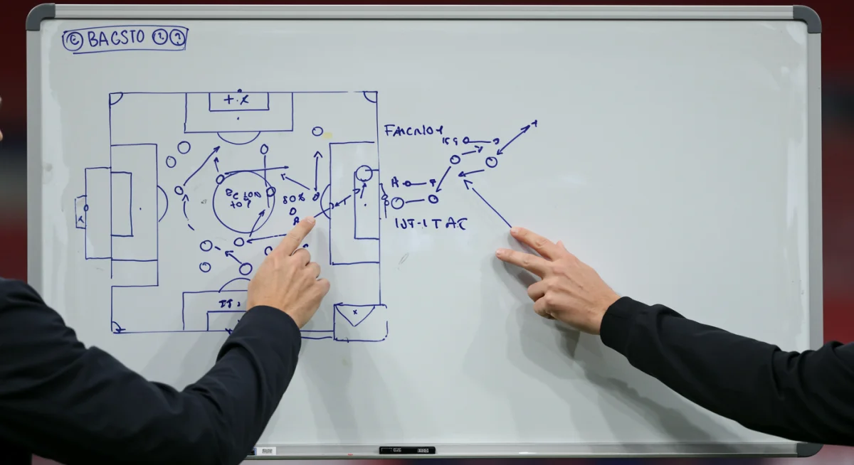 Football coach analyzing tactics on a whiteboard, strategizing for team comeback.