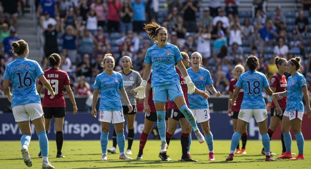 NWSL goalkeeper celebrates a game-changing save with her team, showing unity and relief.
