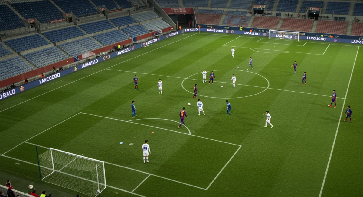 Aerial view of young La Liga players executing a tactical play