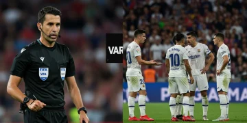 Referee reviewing VAR footage during a La Liga match, surrounded by graphics depicting controversy and decision-making.