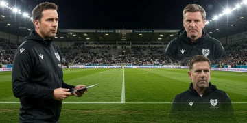 Three Ligue 1 coaches on sidelines, stadium lights, blurred crowd, symbolizing new tactical eras for 2025.