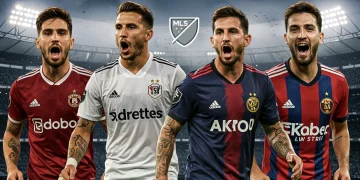 Four former MLS stars potentially returning to the league in 2025, depicted in their European club jerseys with MLS stadium backdrops.