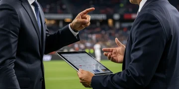 Soccer agents discussing player transfer details with MLS team executives.