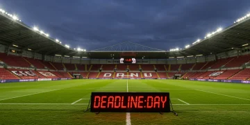 Dramatic MLS stadium at dusk with 'Deadline Day' clock ticking down