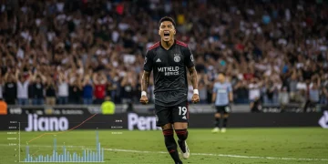 MLS player celebrating a goal in March 2025, with data overlays.