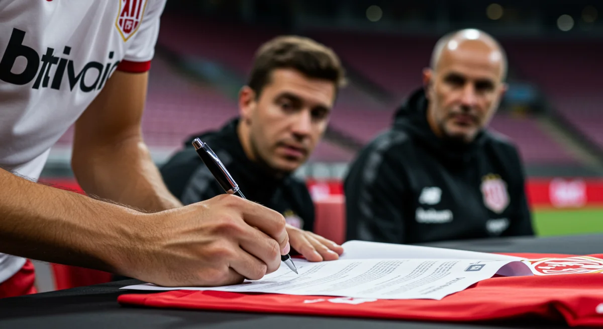 Soccer player signing a contract, representing the contractual nature of Designated Players.