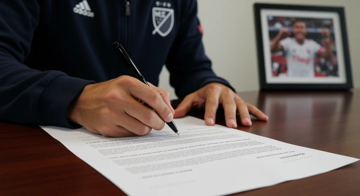 Soccer player signing a contract during the MLS transfer window.