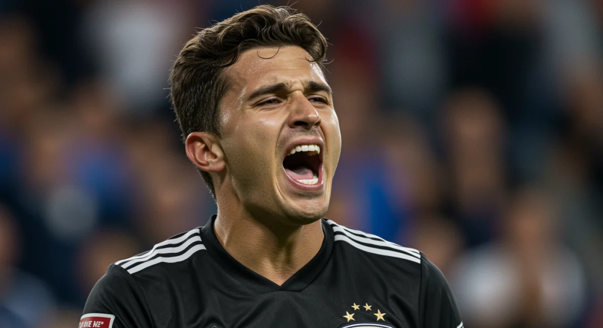 Frustrated soccer player reacting to a VAR decision during an MLS match.