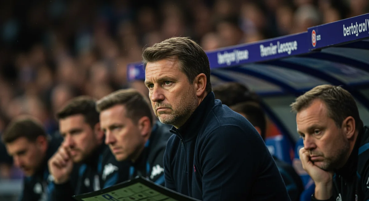 Football manager in dugout, intense focus, tactical decisions