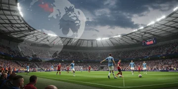 Dynamic Premier League match action with stadium lights and diverse US fan viewership