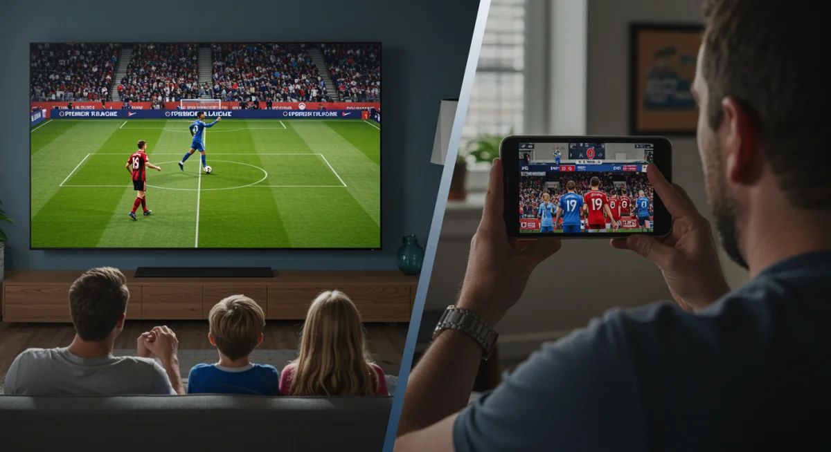 Family and mobile fan watching Premier League game on split screen, diverse viewing