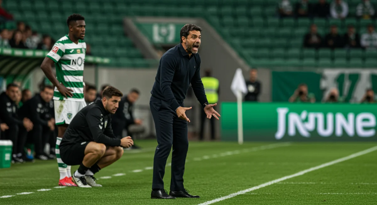 Ruben Amorim coaching Sporting Lisbon, demonstrating tactical leadership on the pitch.
