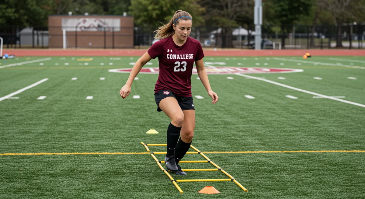 Female college soccer player performing agility drill