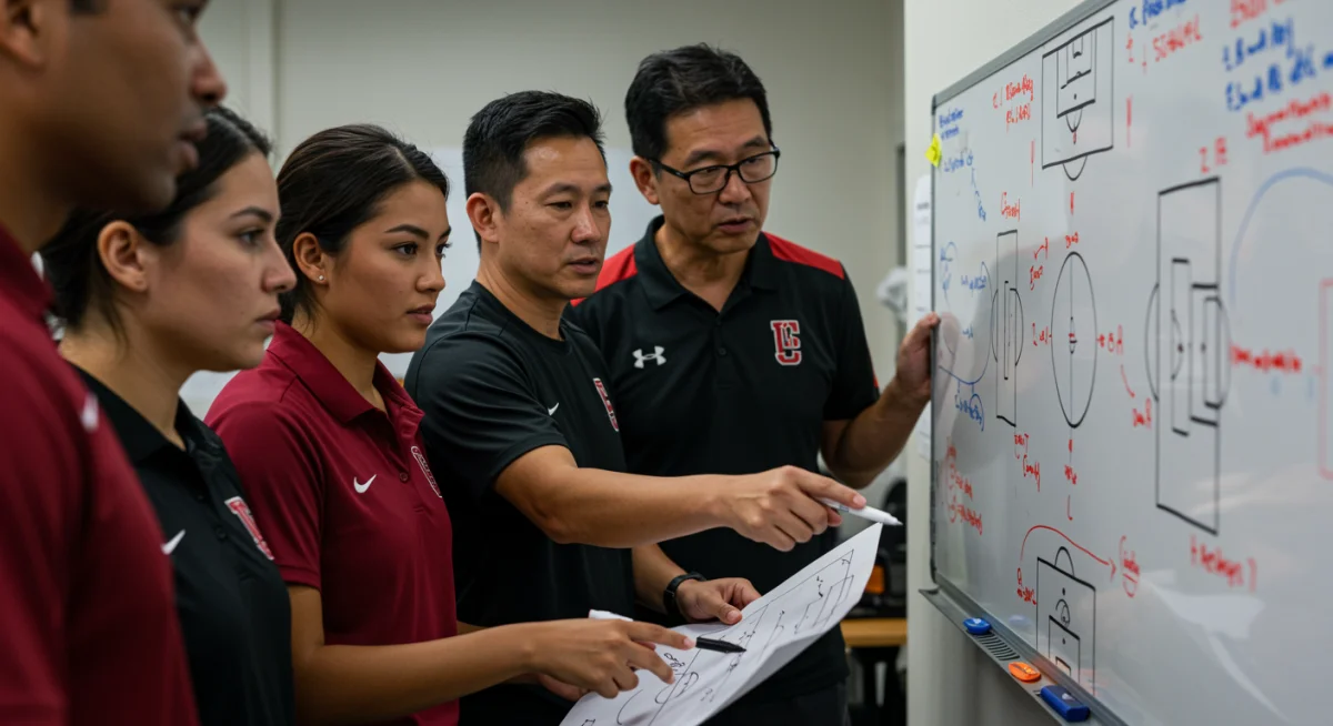 College soccer coaches discussing tactics on whiteboard