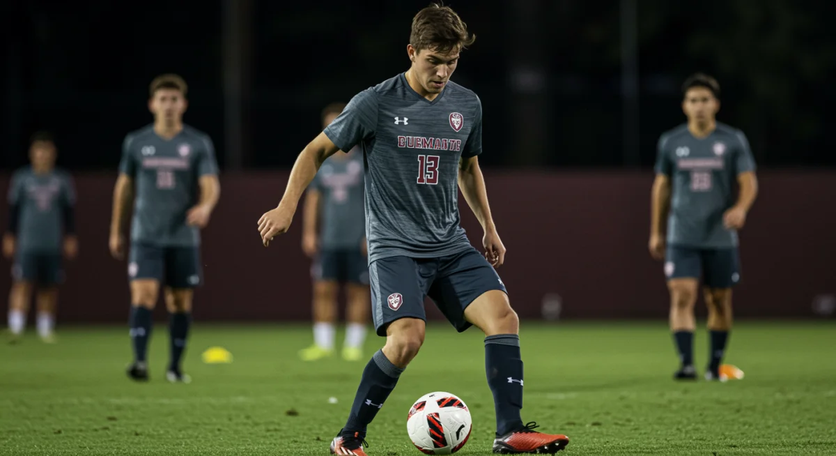 Soccer player demonstrating ball control during a dribbling drill.