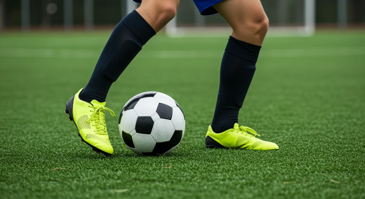 Soccer player's feet dribbling ball on green turf