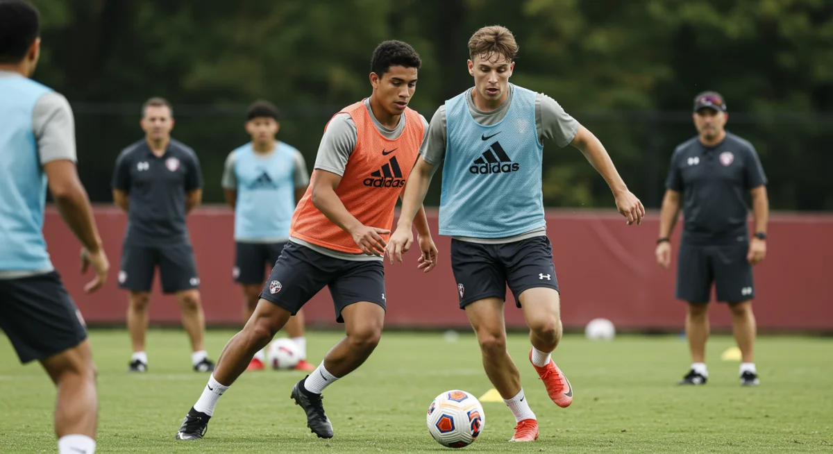 Dynamic college soccer player dribbling during practice