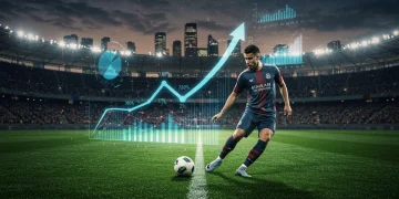 Dynamic soccer player with holographic financial data projected around them, symbolizing player valuations in 2025.