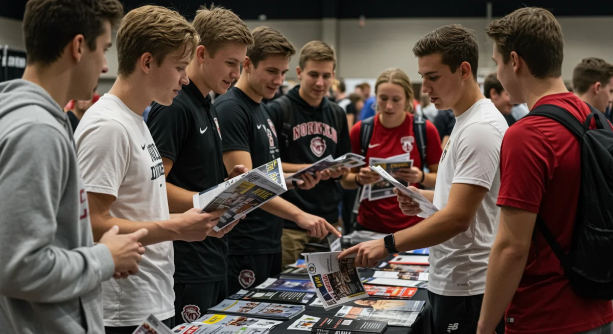 Soccer prospects discussing college options at a recruiting fair.