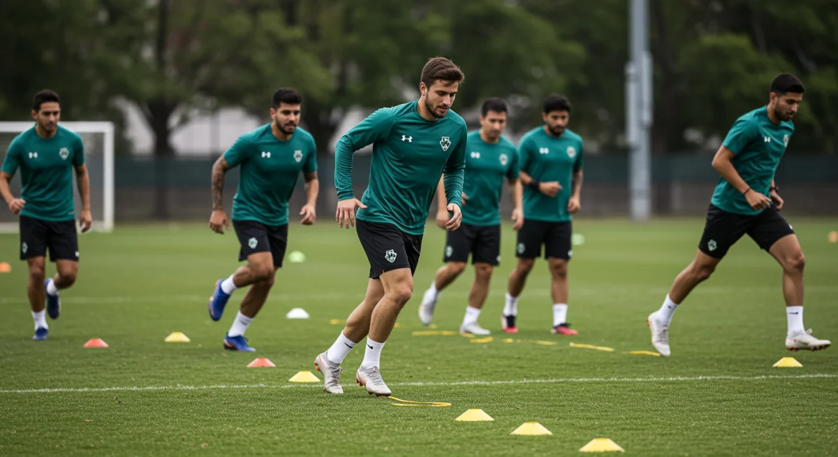 College soccer players performing sprint drills, focusing on speed and endurance.
